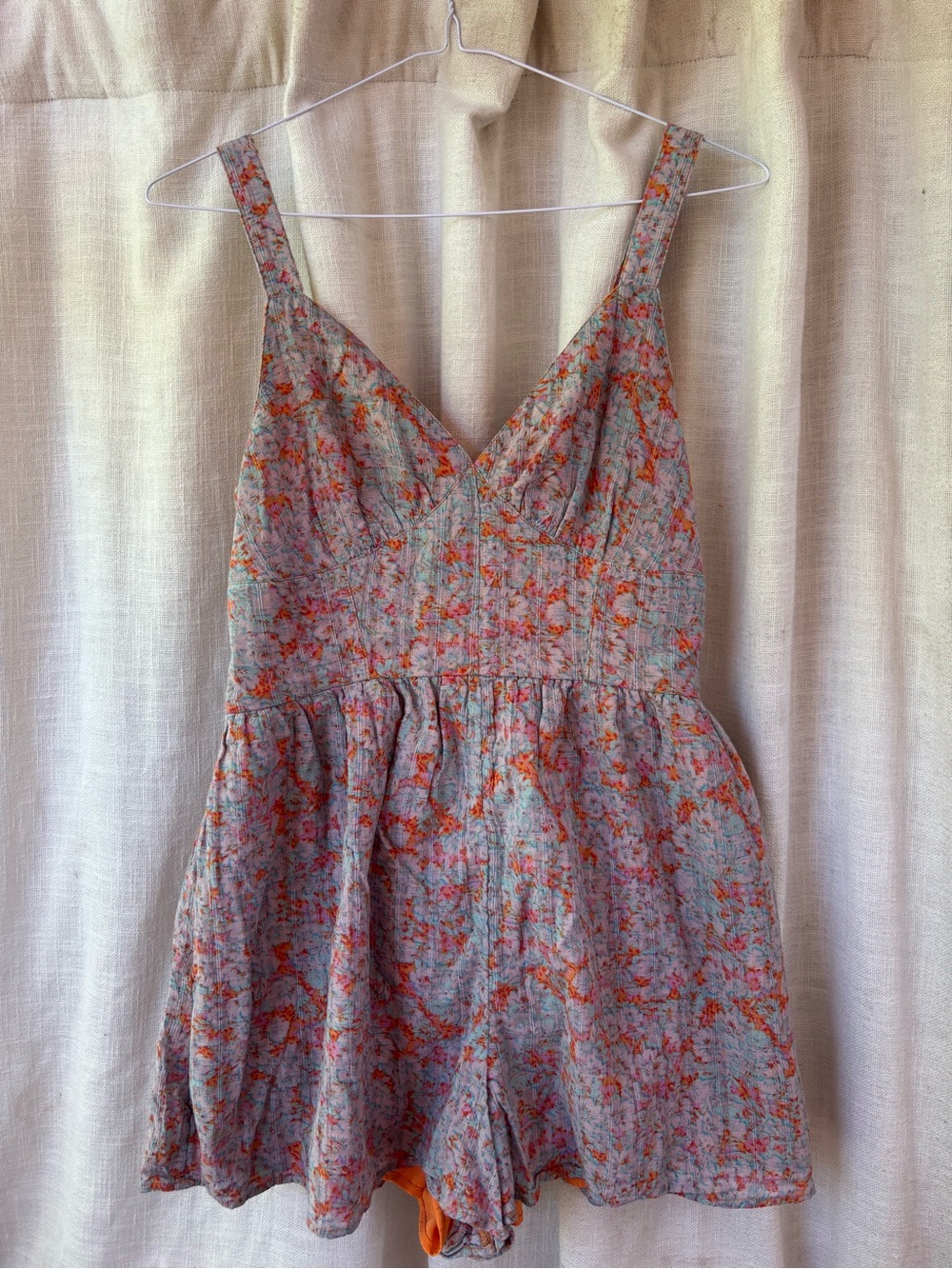 American Eagle Floral V-Neck Sundress Romper in Pink and Orange
